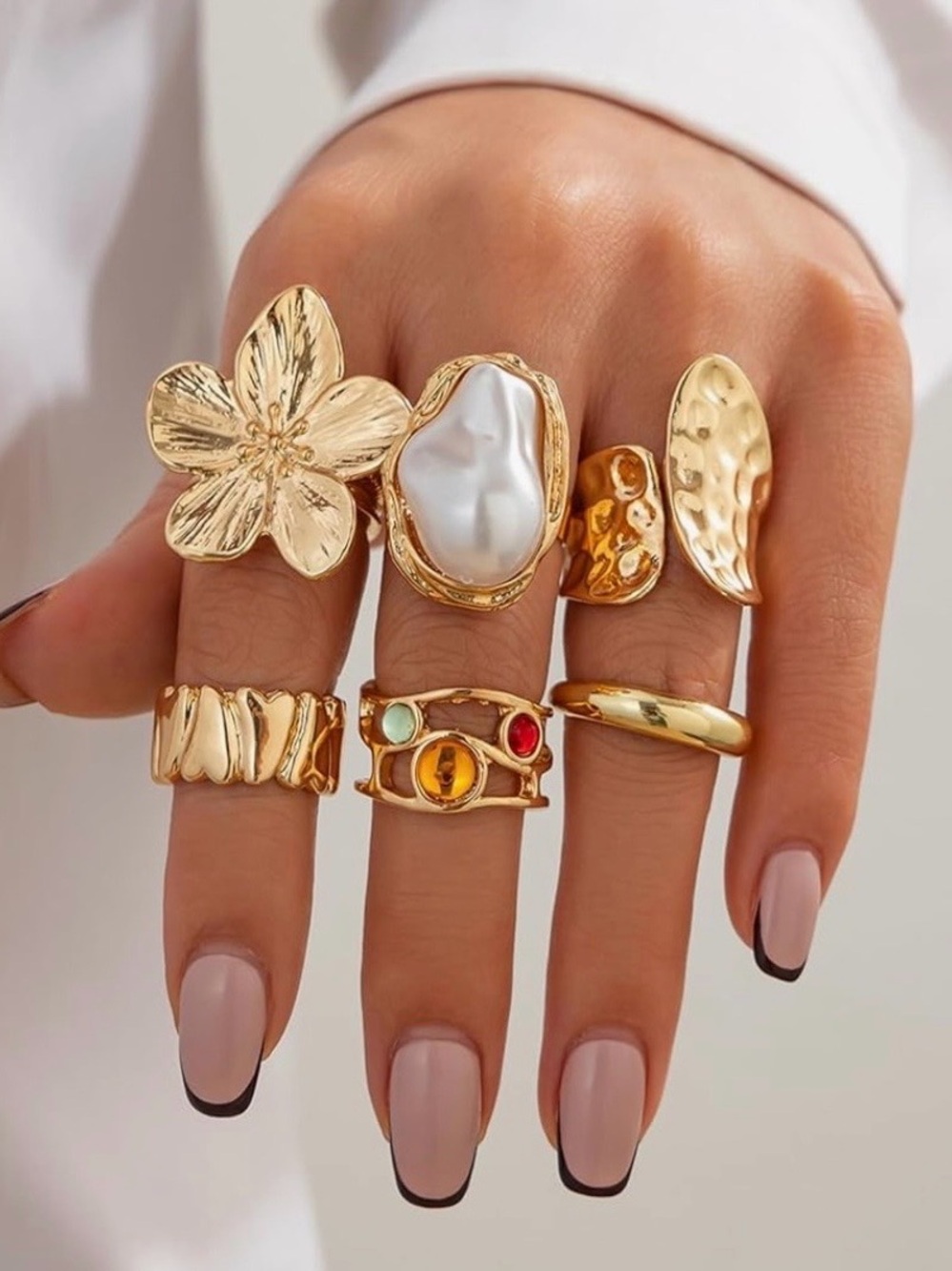 Gold Floral & Pearl Rings. Accent Chunky Gold Stackable Ring Set /Knuckle